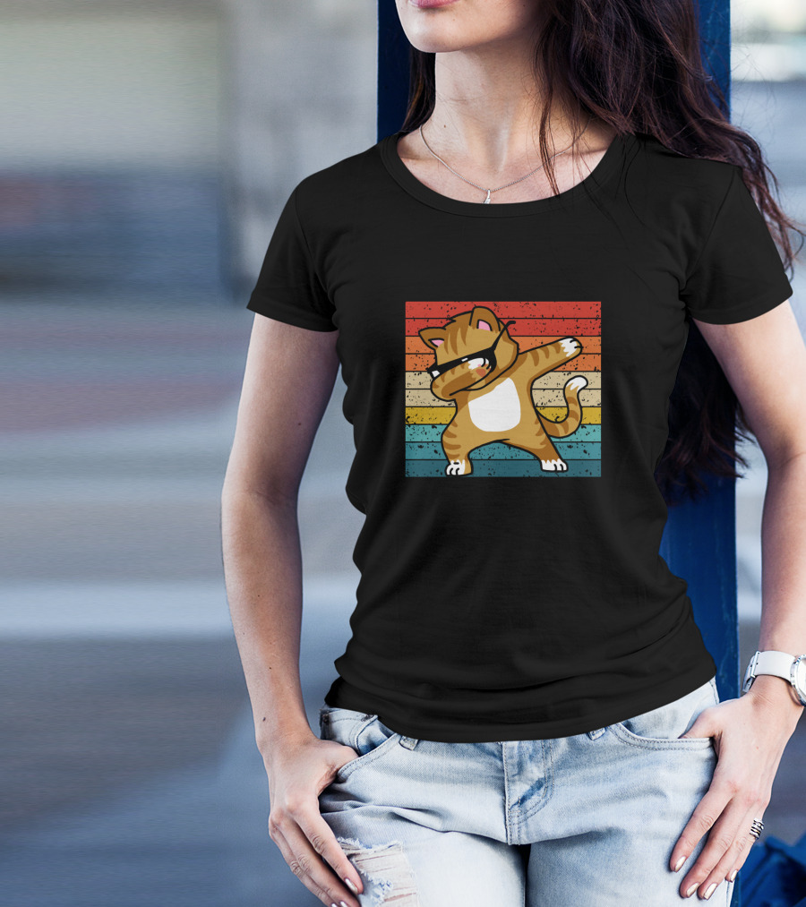 Dabbing Cat Dab Kitty Retro Cool Cat With Sunglasses T-Shirt