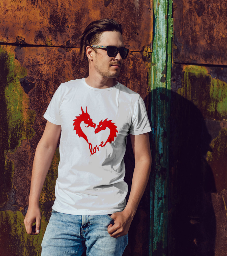Dragon Love Heart Embrace With Red Dragons And Love Script T-Shirt