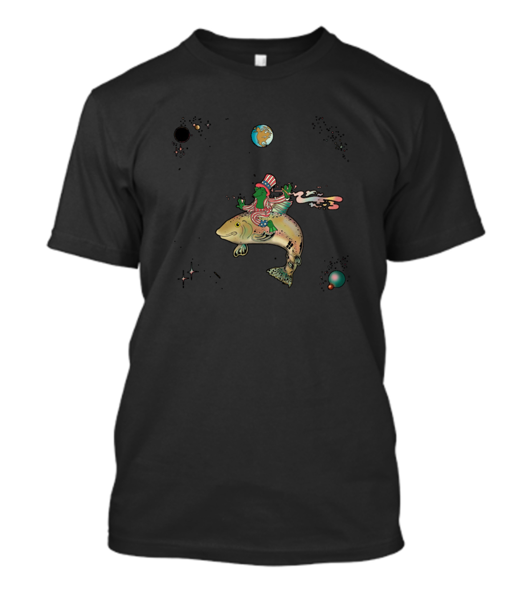 Space Voyager Fish With Frog Rider In Striped Hat T-Shirt
