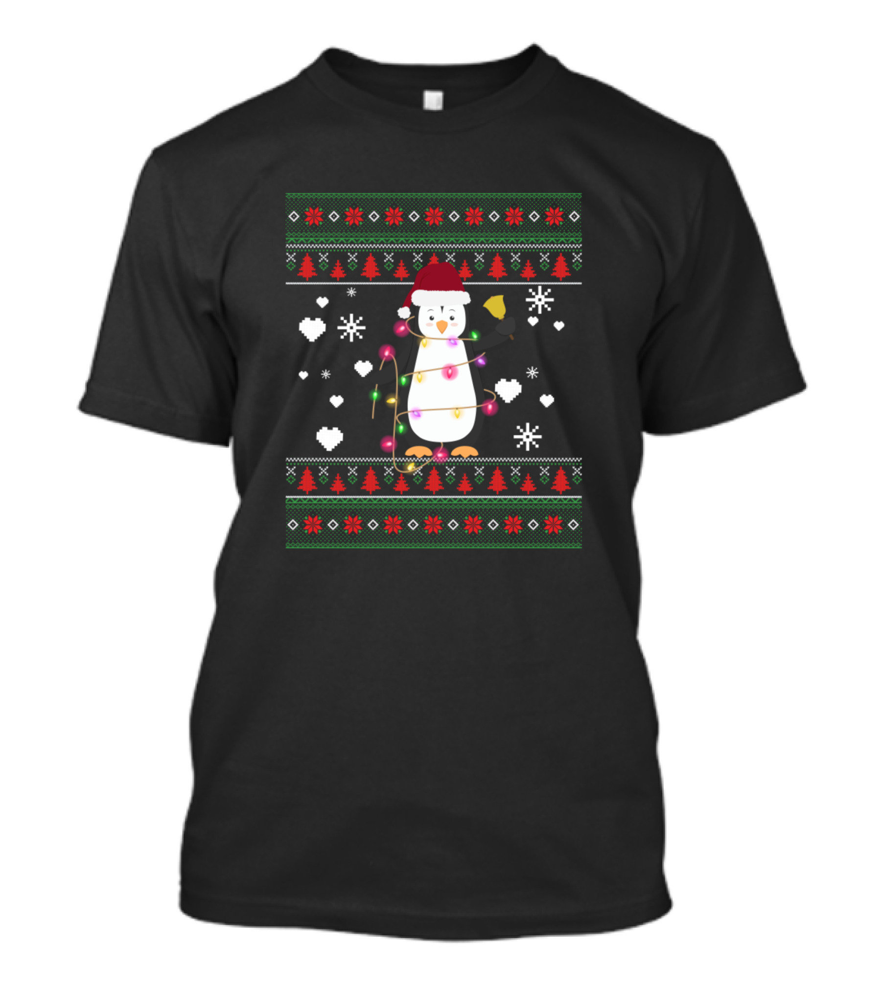 Penguin Santa Hat Christmas Lights Ugly T-Shirt