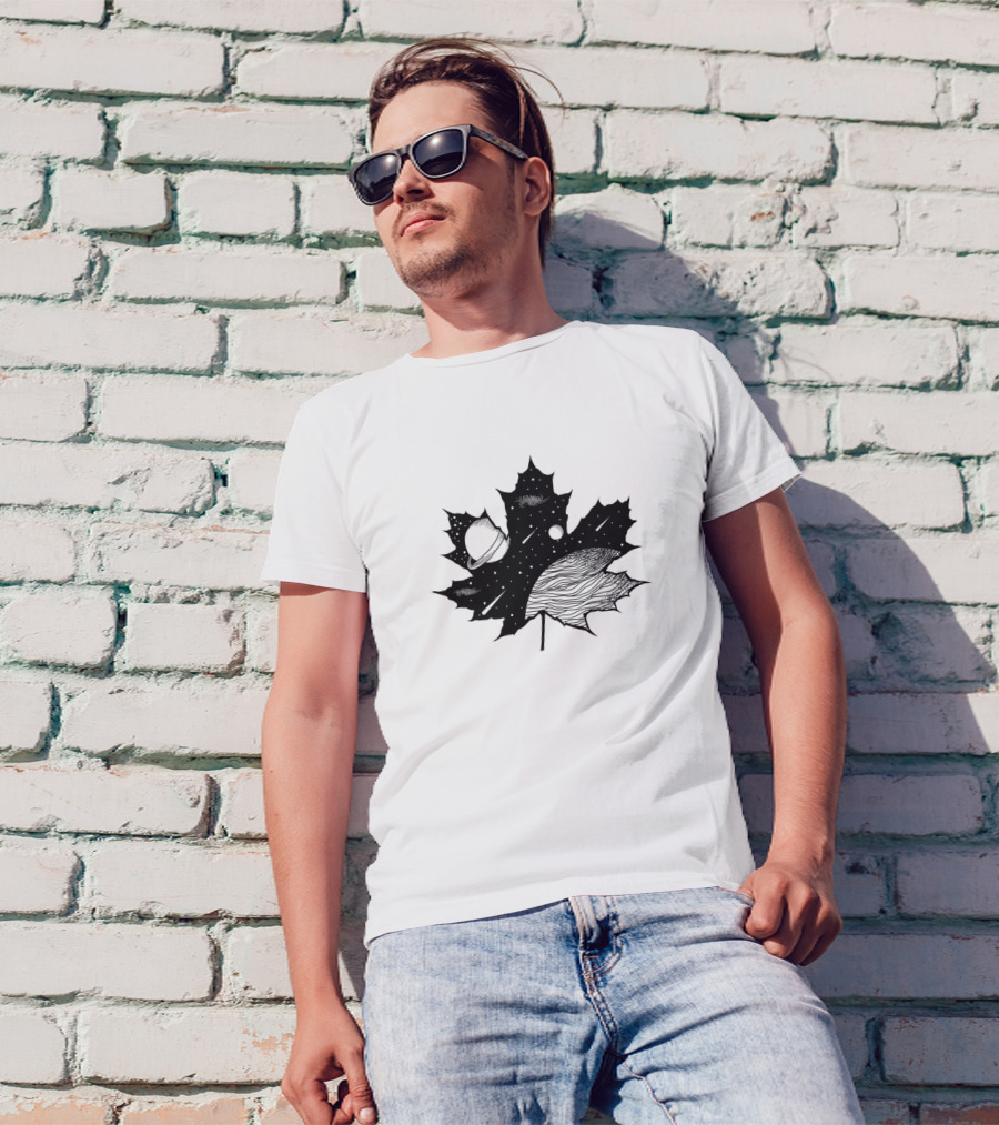 Galaxy Space Leaf Planets And Stars In Maple Shape T-Shirt