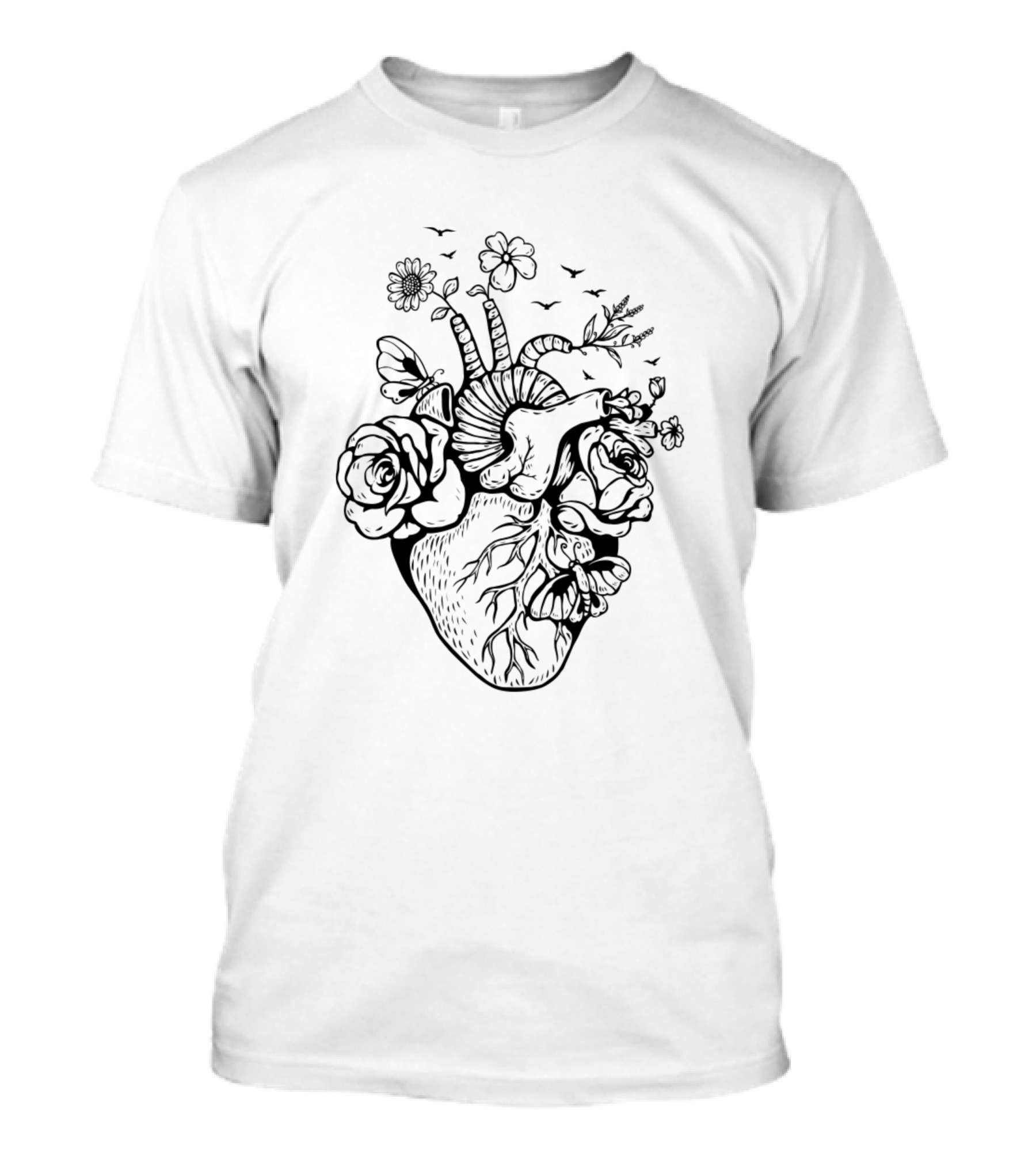 Heart And Floral Tattoo Illustration With Butterflies And Birds T-Shirt