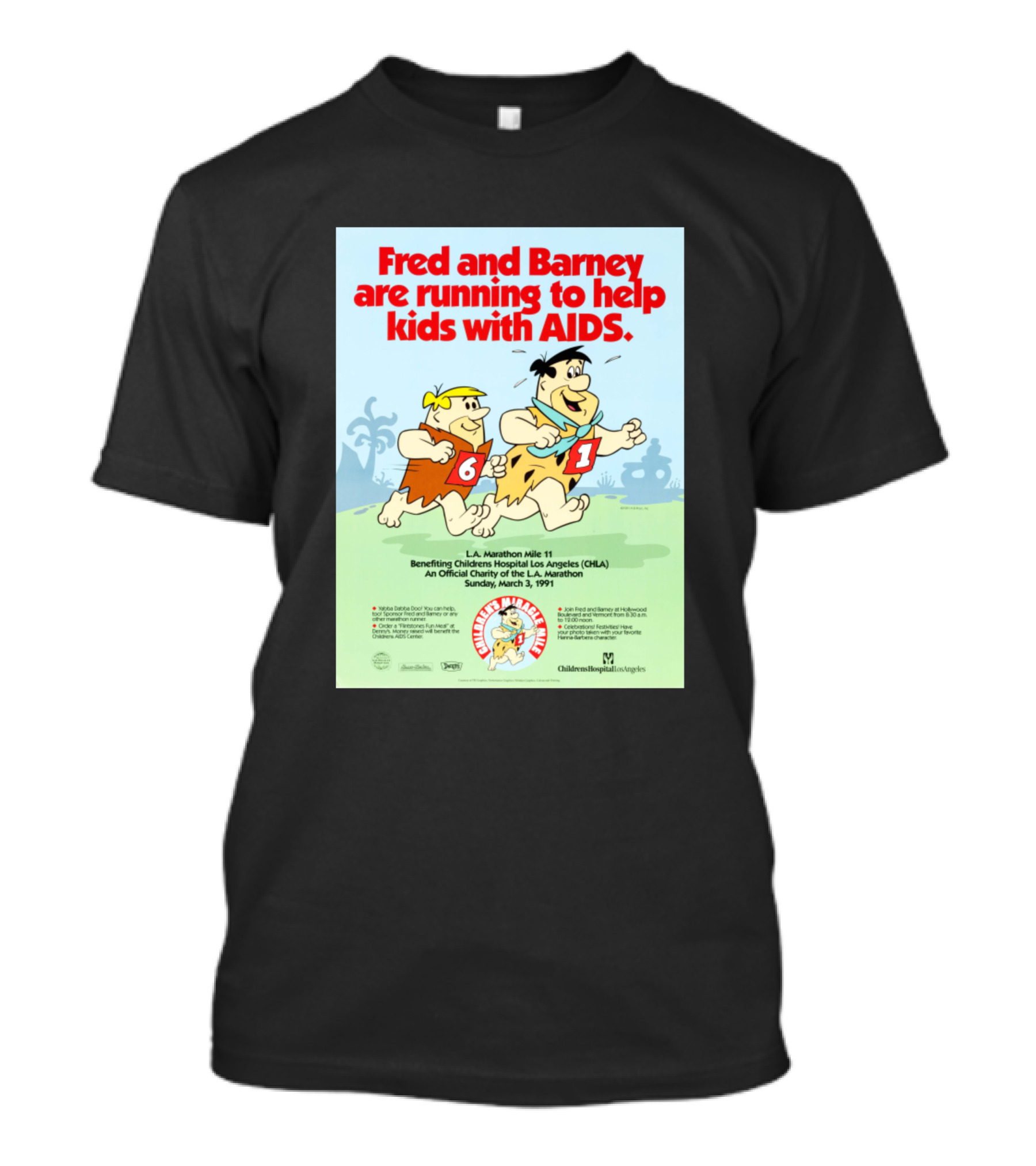 Fred And Barney Running To Help Kids With AIDS L.A. Marathon Mile 11 March 3 1991 T-Shirt