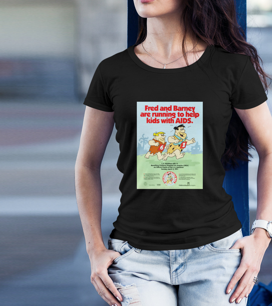 Fred And Barney Running To Help Kids With AIDS L.A. Marathon Mile 11 March 3 1991 T-Shirt