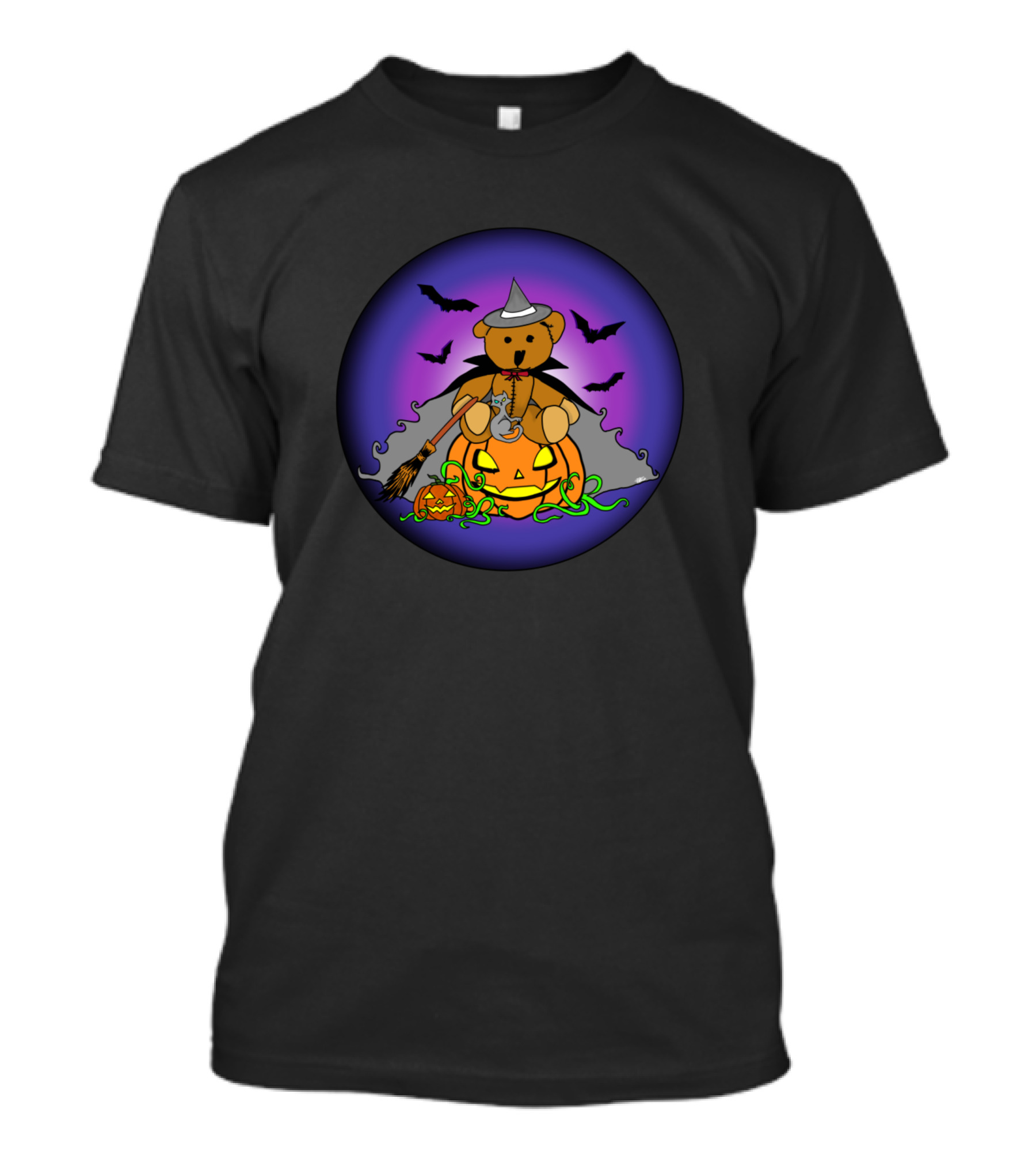 Halloween Witchy Bear On Pumpkin With Bats And Witch Hat T-Shirt