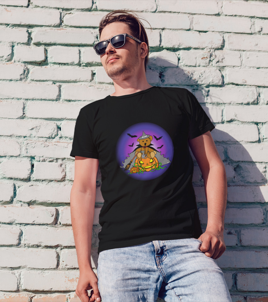 Halloween Witchy Bear On Pumpkin With Bats And Witch Hat T-Shirt