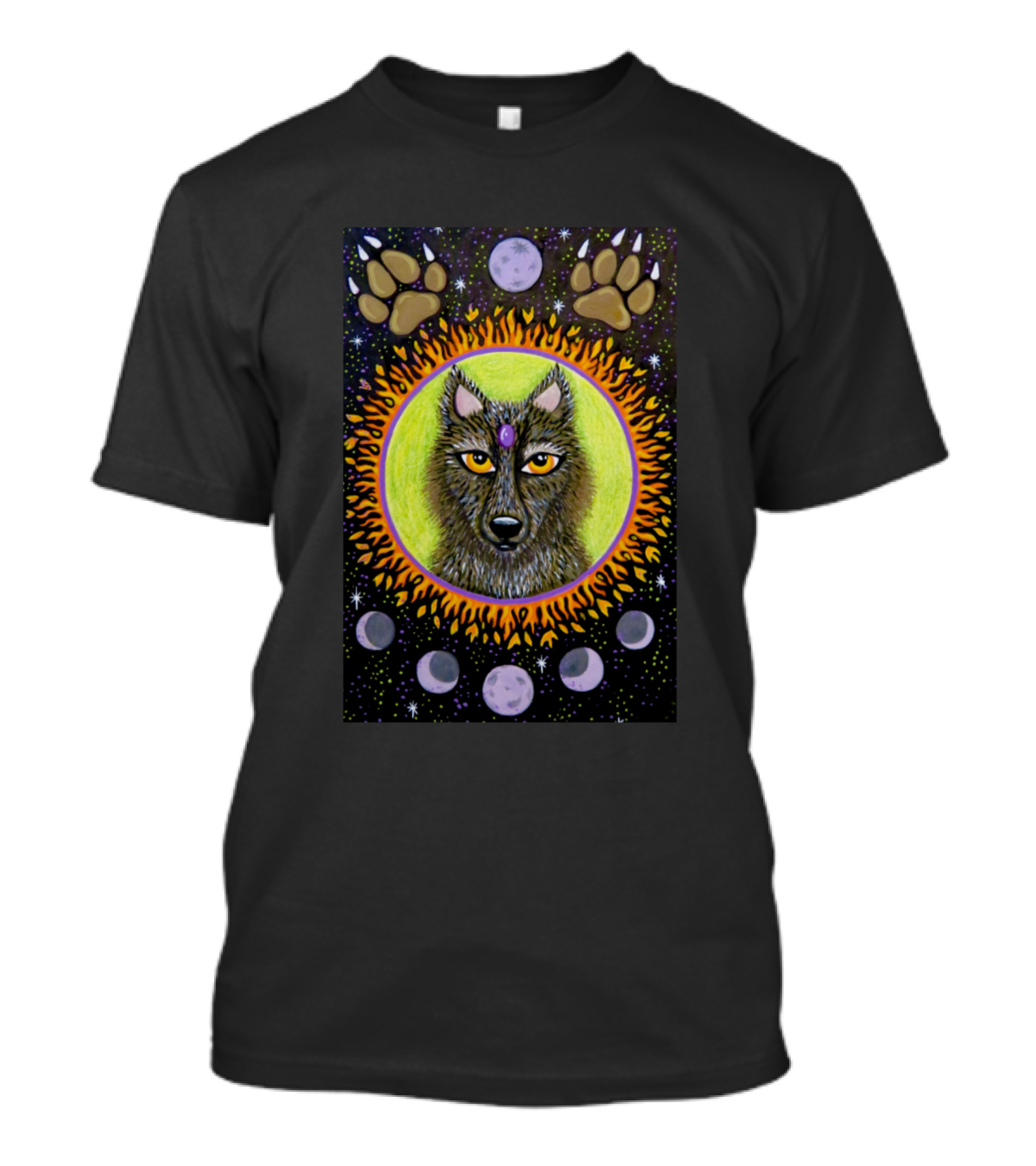 Wolf Moon Rising Mystical Lunar Phases Cosmic Pawprints T-Shirt
