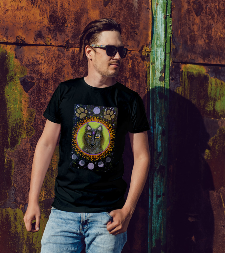 Wolf Moon Rising Mystical Lunar Phases Cosmic Pawprints T-Shirt