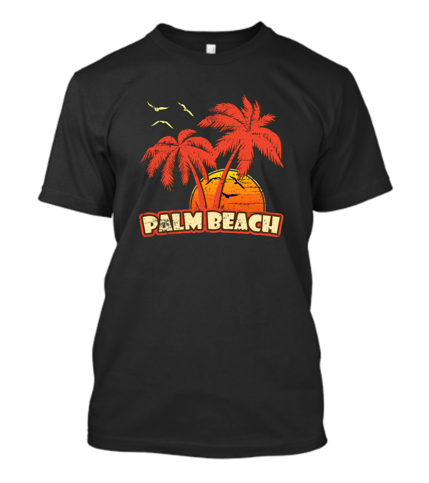 Palm Beach Vintage Sunset Palm Trees And Birds Orange Yellow T-Shirt