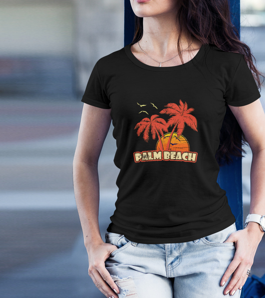 Palm Beach Vintage Sunset Palm Trees And Birds Orange Yellow T-Shirt
