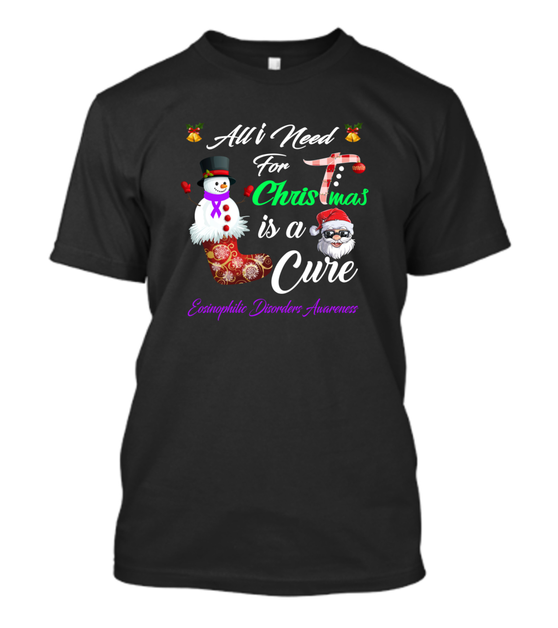 All I Need For Christmas Is A Cure Eosinophilic Disorders Awareness Snowman And Santa Claus T-Shirt