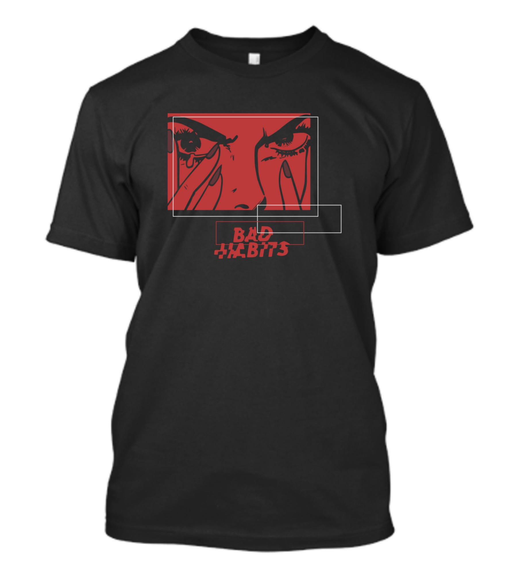 Bad Habits Red Face Illustration With Overlapping Boxes T-Shirt