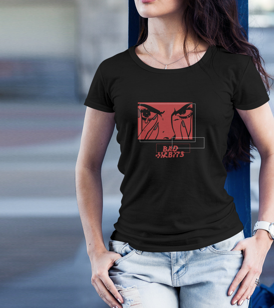 Bad Habits Red Face Illustration With Overlapping Boxes T-Shirt