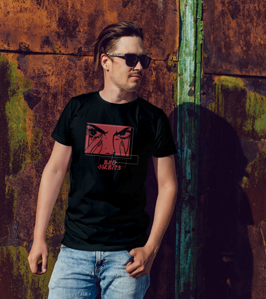 Bad Habits Red Face Illustration With Overlapping Boxes T-Shirt