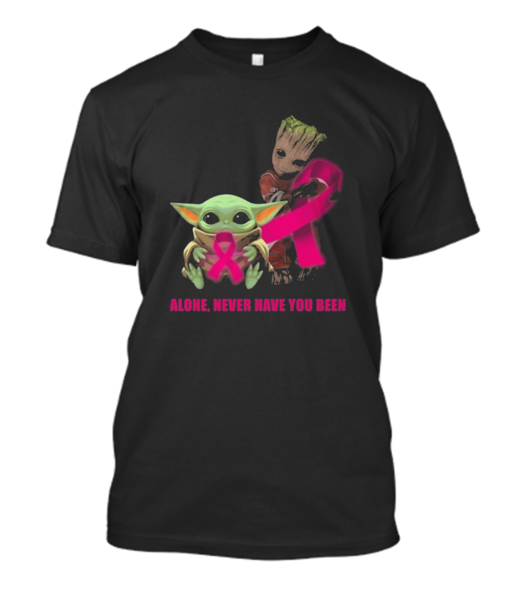 Alone Never Have You Been Breast Cancer Awareness Baby Yoda Groot T-Shirt