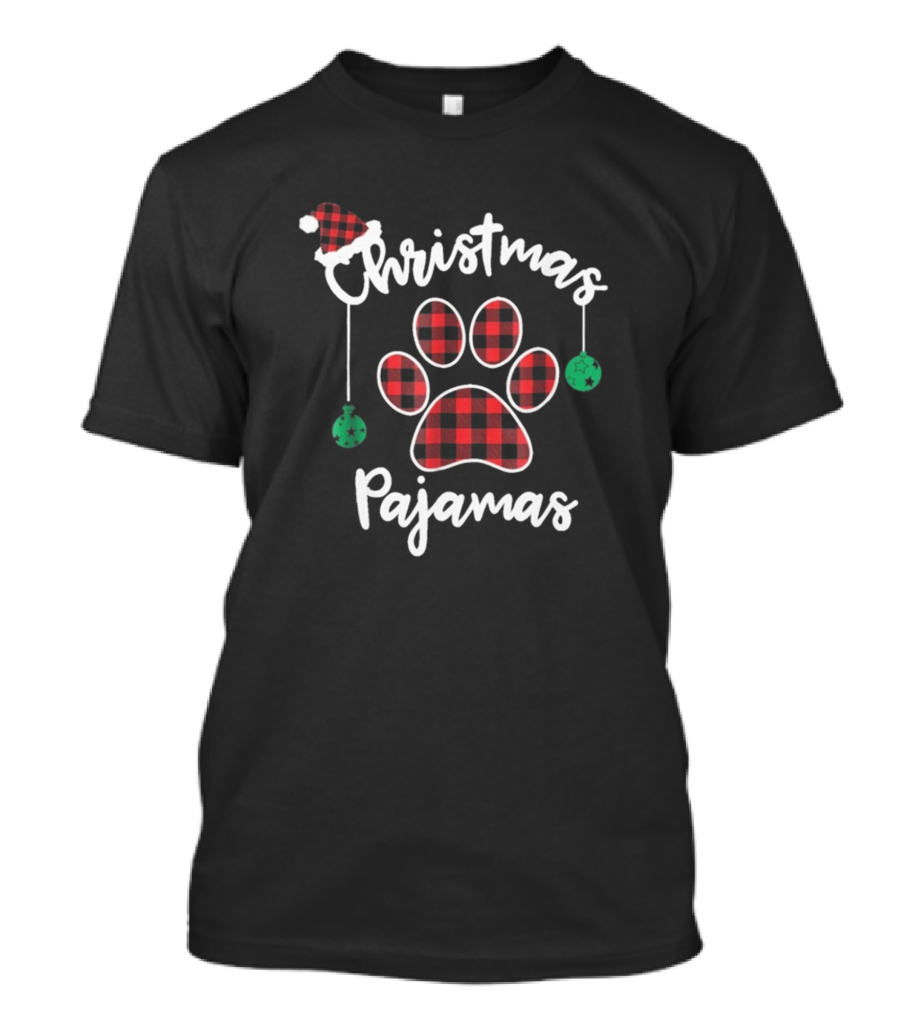 Christmas Pajamas Buffalo Plaid Paw Print Santa Hat Ornaments T-Shirt