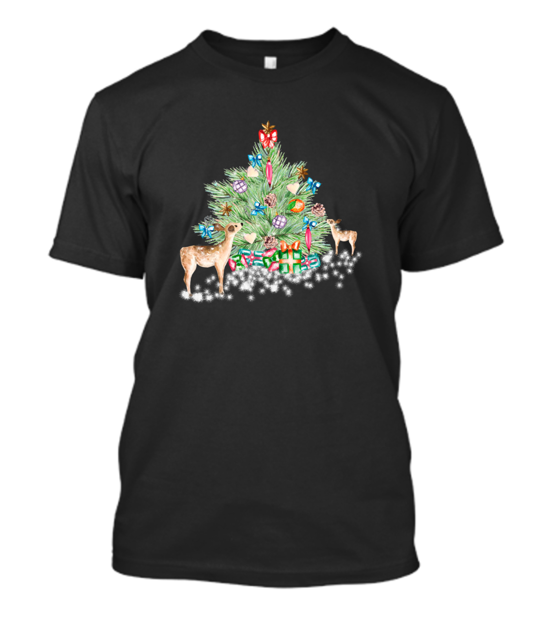 Christmas Deer And Snowy Gift-Filled Christmas Tree Night T-Shirt