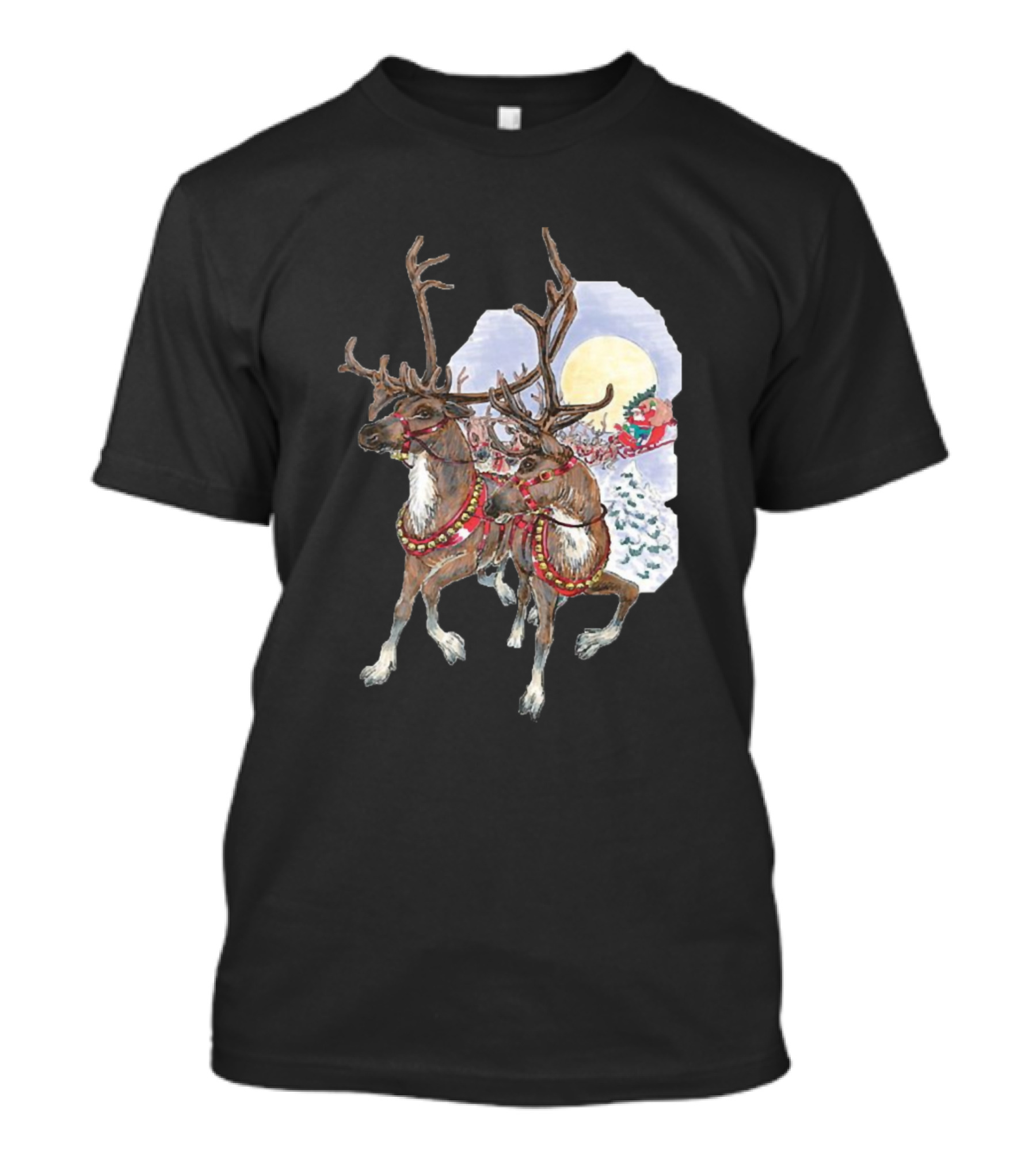 Reindeer Pulling Sleigh In Christmas Moonlit Winter Scene T-Shirt