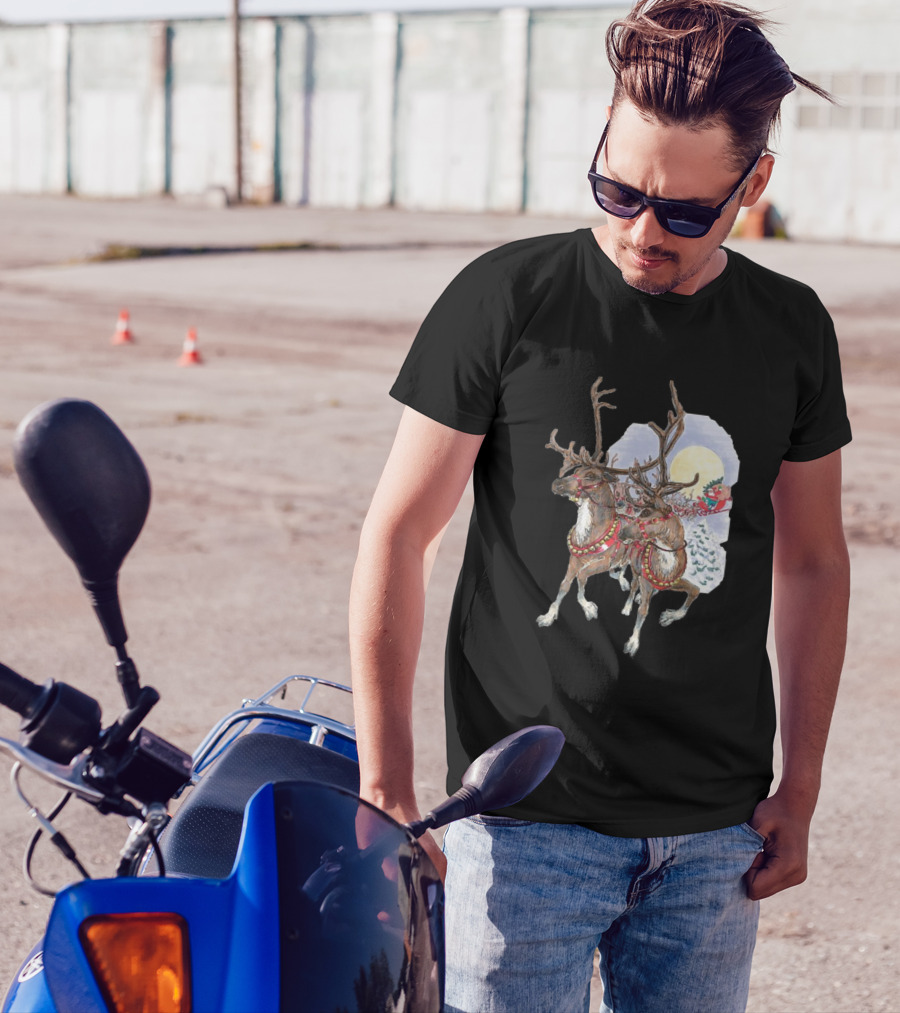 Reindeer Pulling Sleigh In Christmas Moonlit Winter Scene T-Shirt