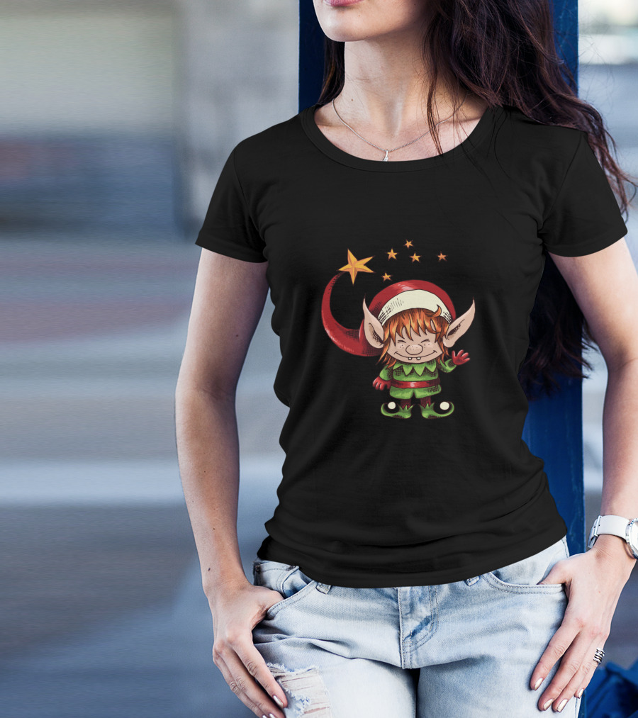 Christmas Elf With Starry Red Hat And Green Suit T-Shirt
