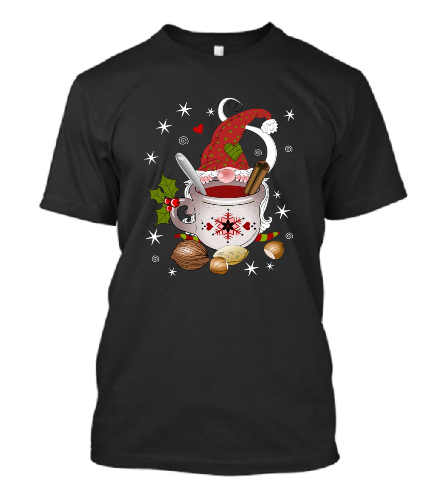 Christmas Elf Gnome With Festive Cinnamon Tea Cup And Holly T-Shirt