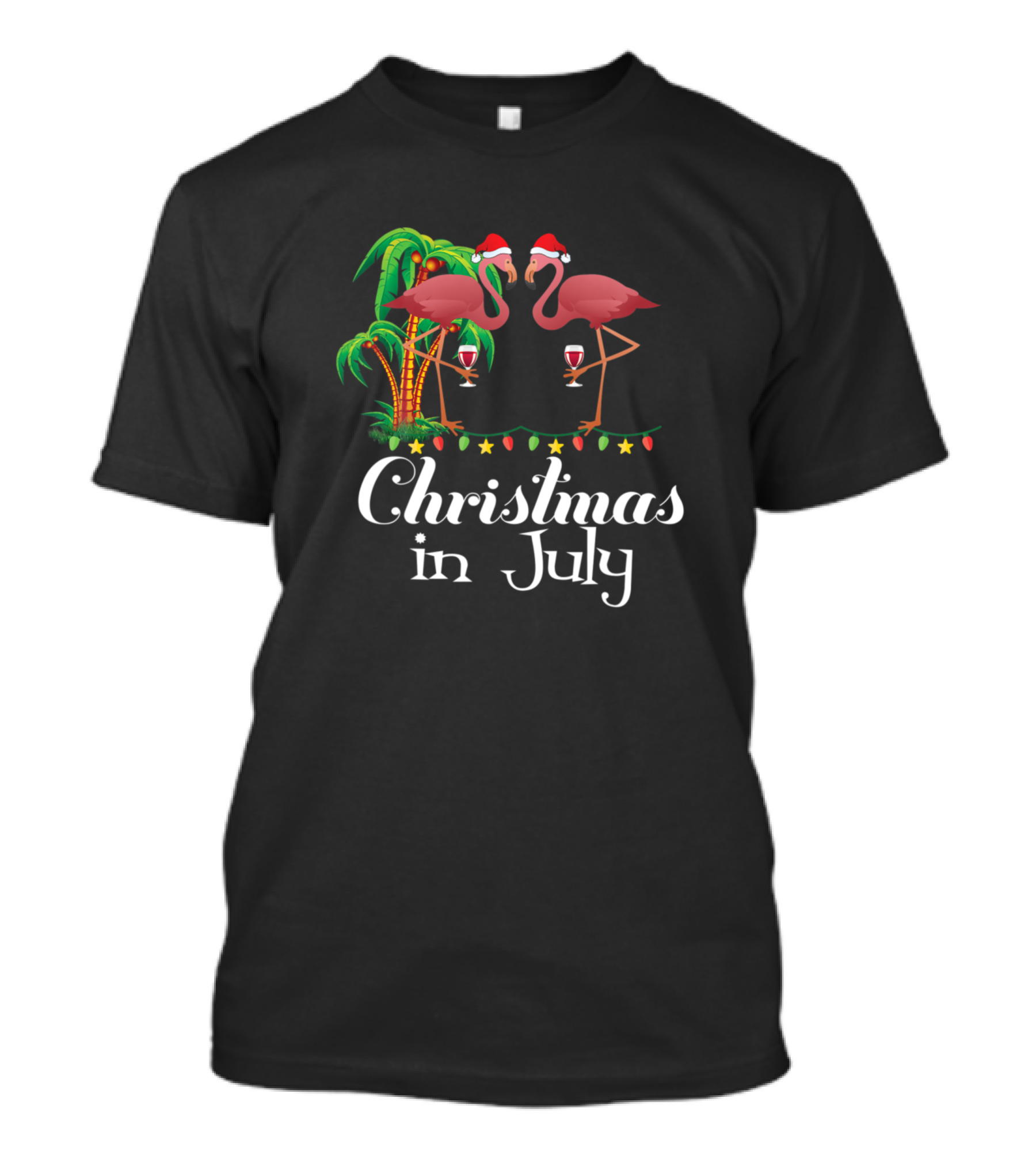 Christmas In July Flamingo Santa Hats With Tropical Palm T-Shirt