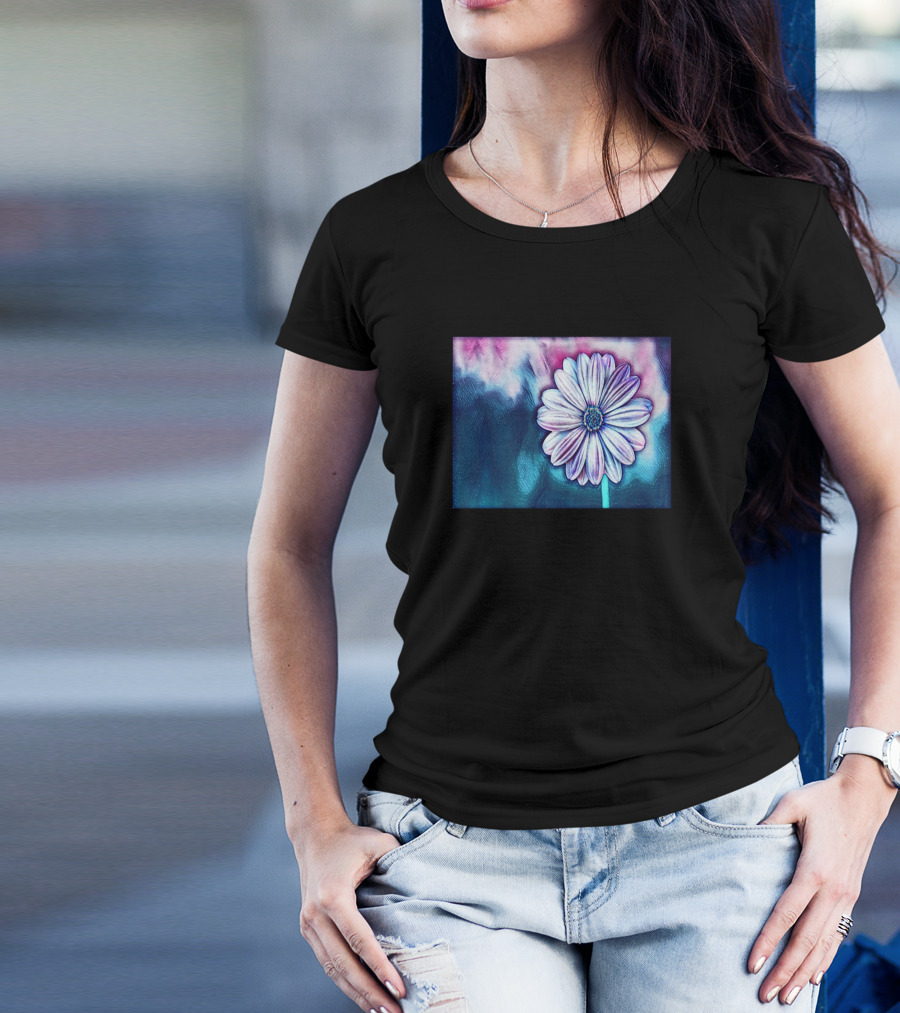 Cool African Daisy Flower Digital Blue And Pink Background T-Shirt
