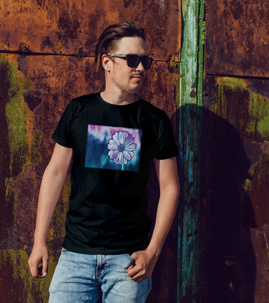Cool African Daisy Flower Digital Blue And Pink Background T-Shirt
