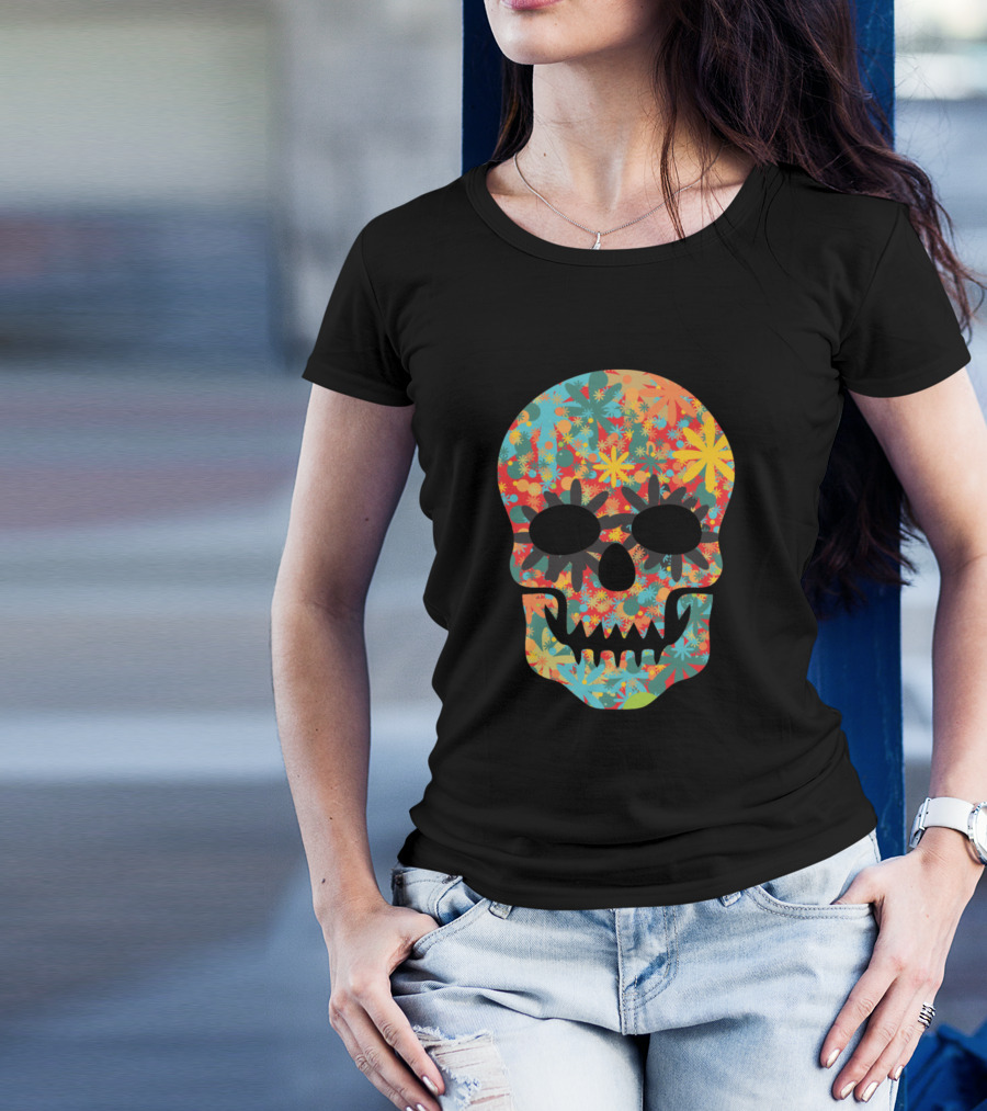 Day Of The Dead Skull With Vibrant Floral T-Shirt