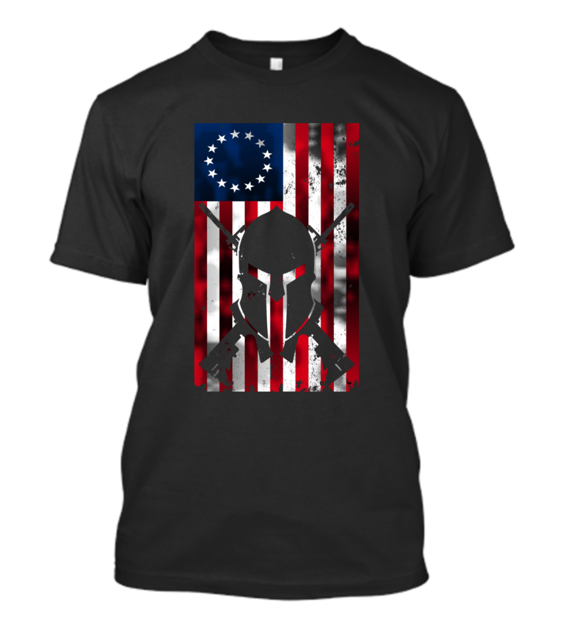 Distressed Betsy Ross Spartan Helmet With Crossed Rifles Over American Flag T-Shirt