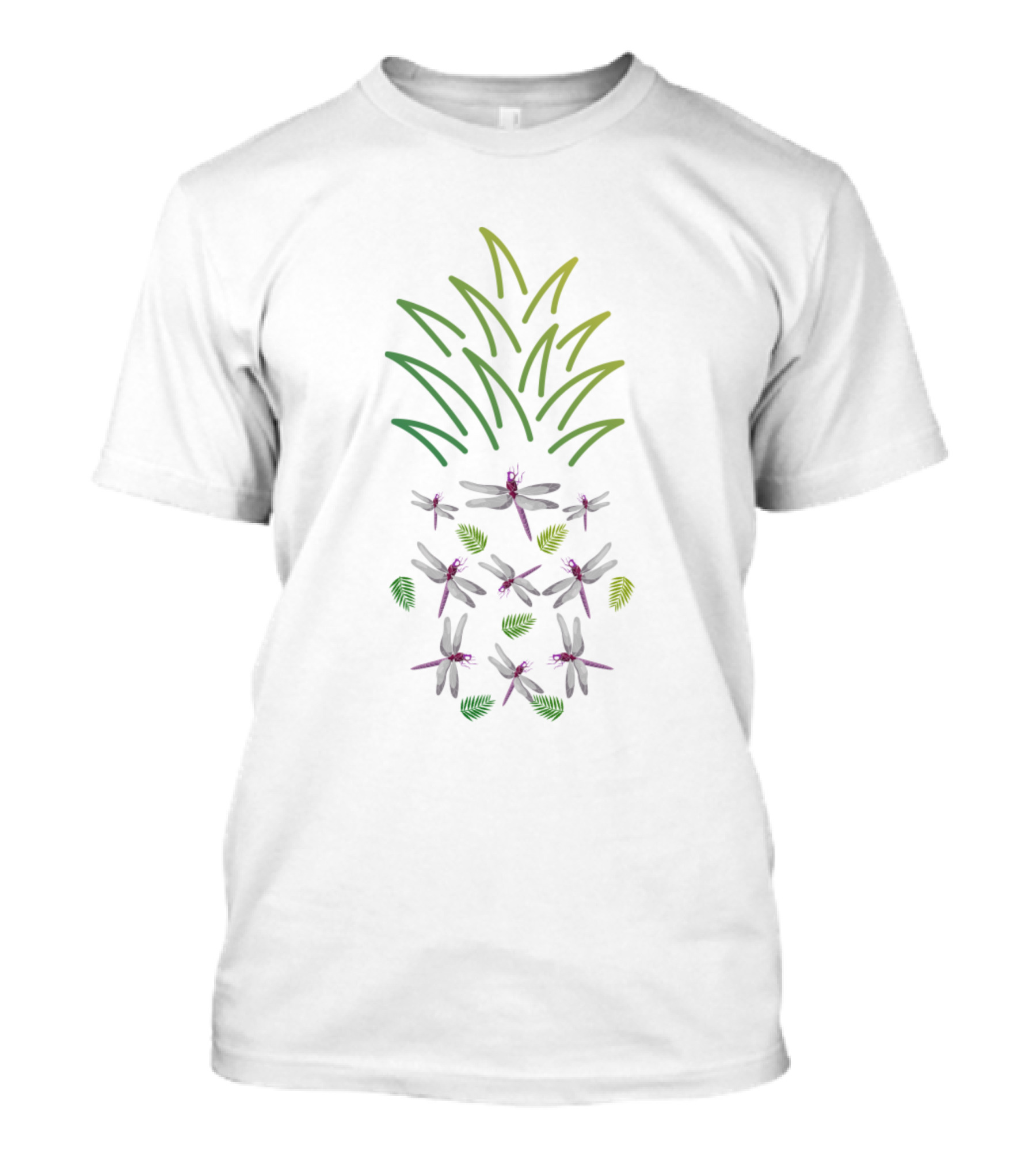 Dragonfly Pineapple Pattern With Green Fronds And Leaves T-Shirt