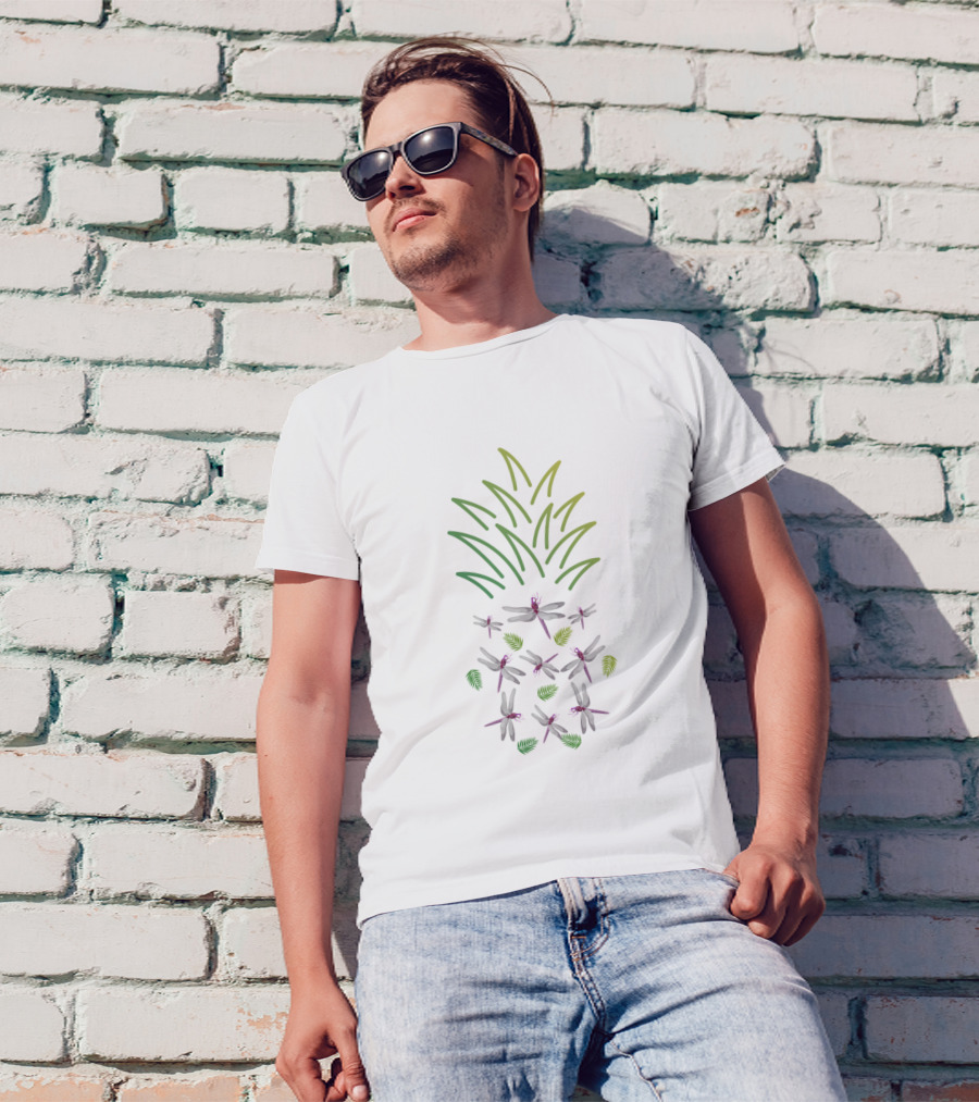 Dragonfly Pineapple Pattern With Green Fronds And Leaves T-Shirt