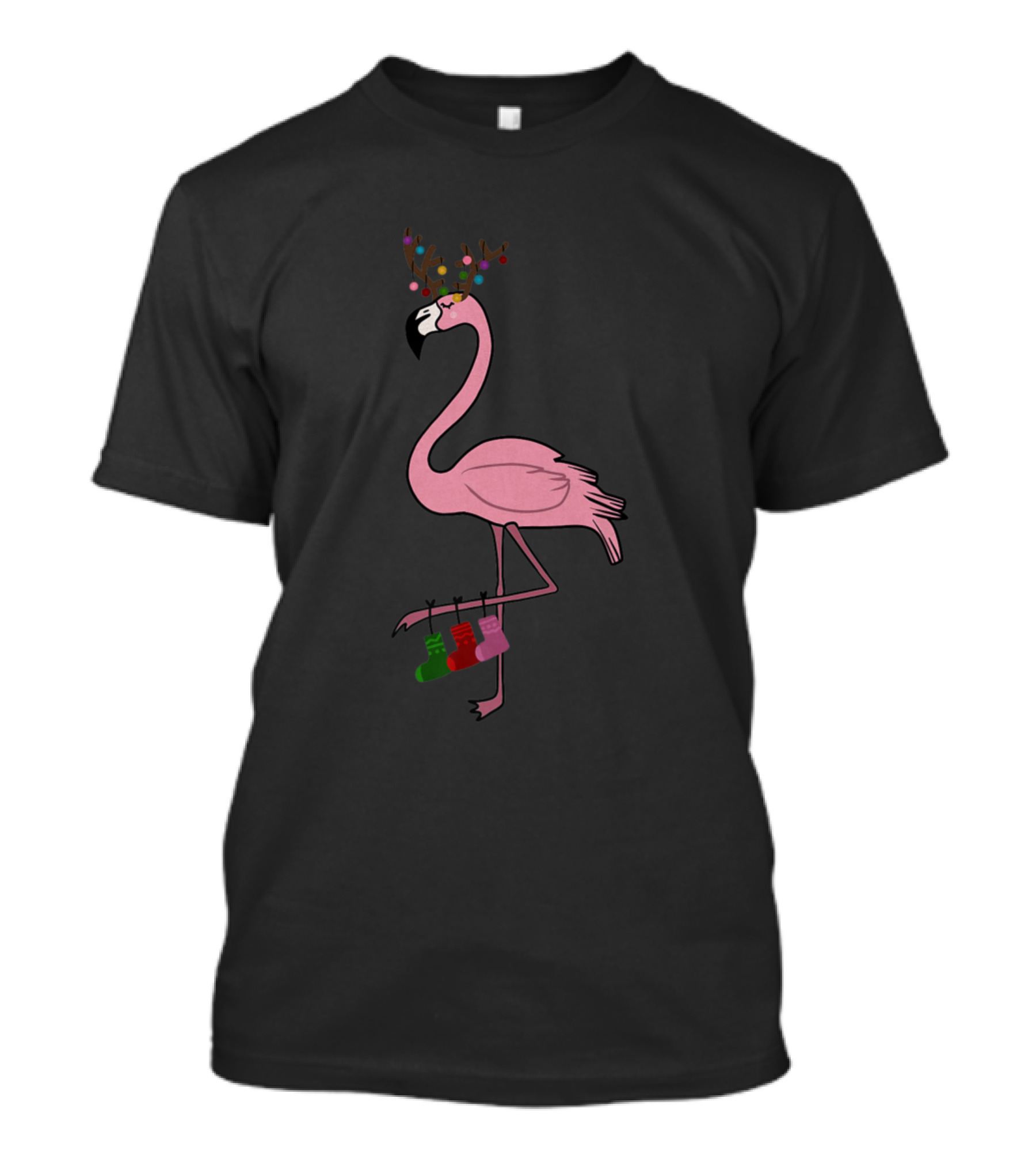 Flamingo With Christmas Tree Antlers And Festive Stockings T-Shirt