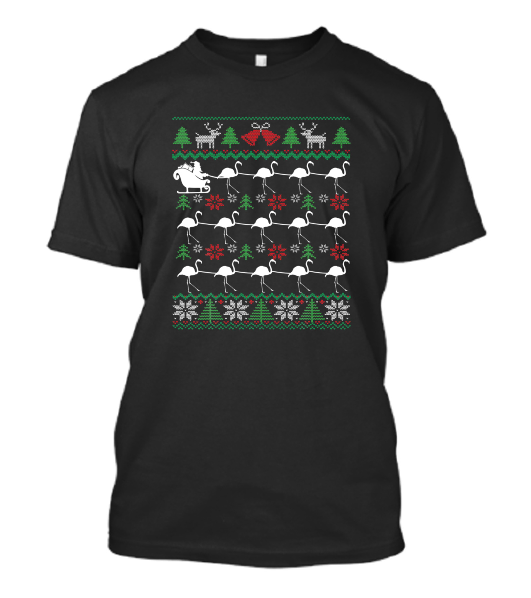 Santa's Sleigh Pulled By Festive Flamingos In Christmas T-Shirt