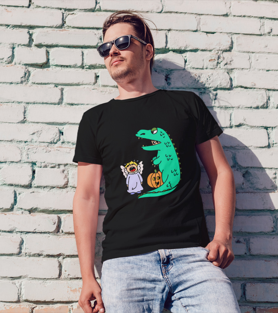 Funny Halloween Angel Costume With Dinosaur Eating Candy T-Shirt