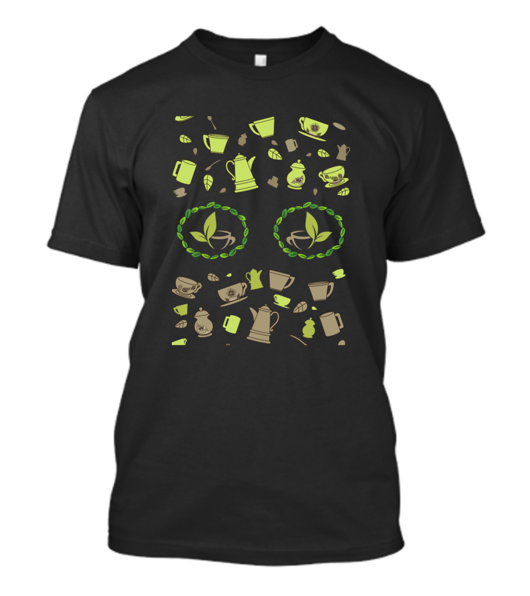 Green Tea Leaves Cups And Kettles T-Shirt