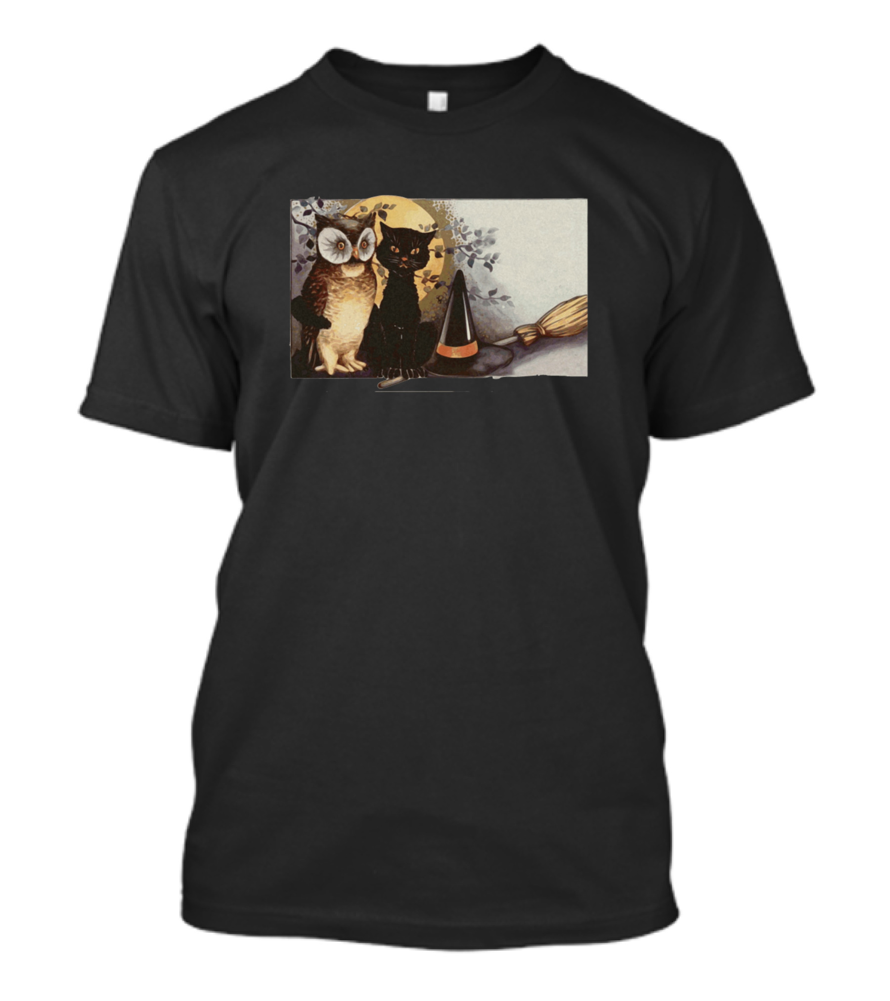 Halloween Owl Cat Witch Hat Broom Moon Scene T-Shirt