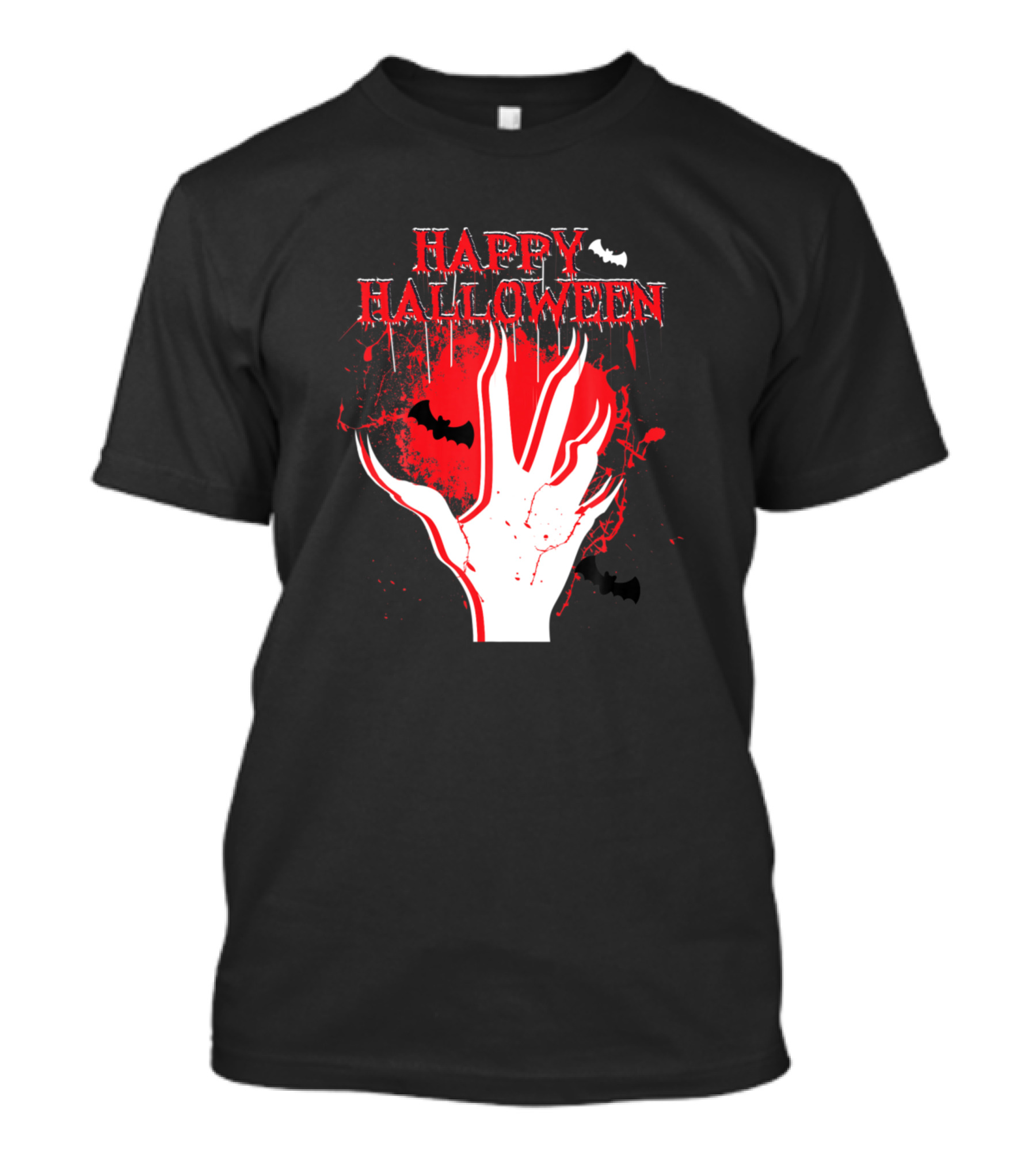 HAPPY HALLOWEEN Zombie Hand With Bats And Red Splatter T-Shirt