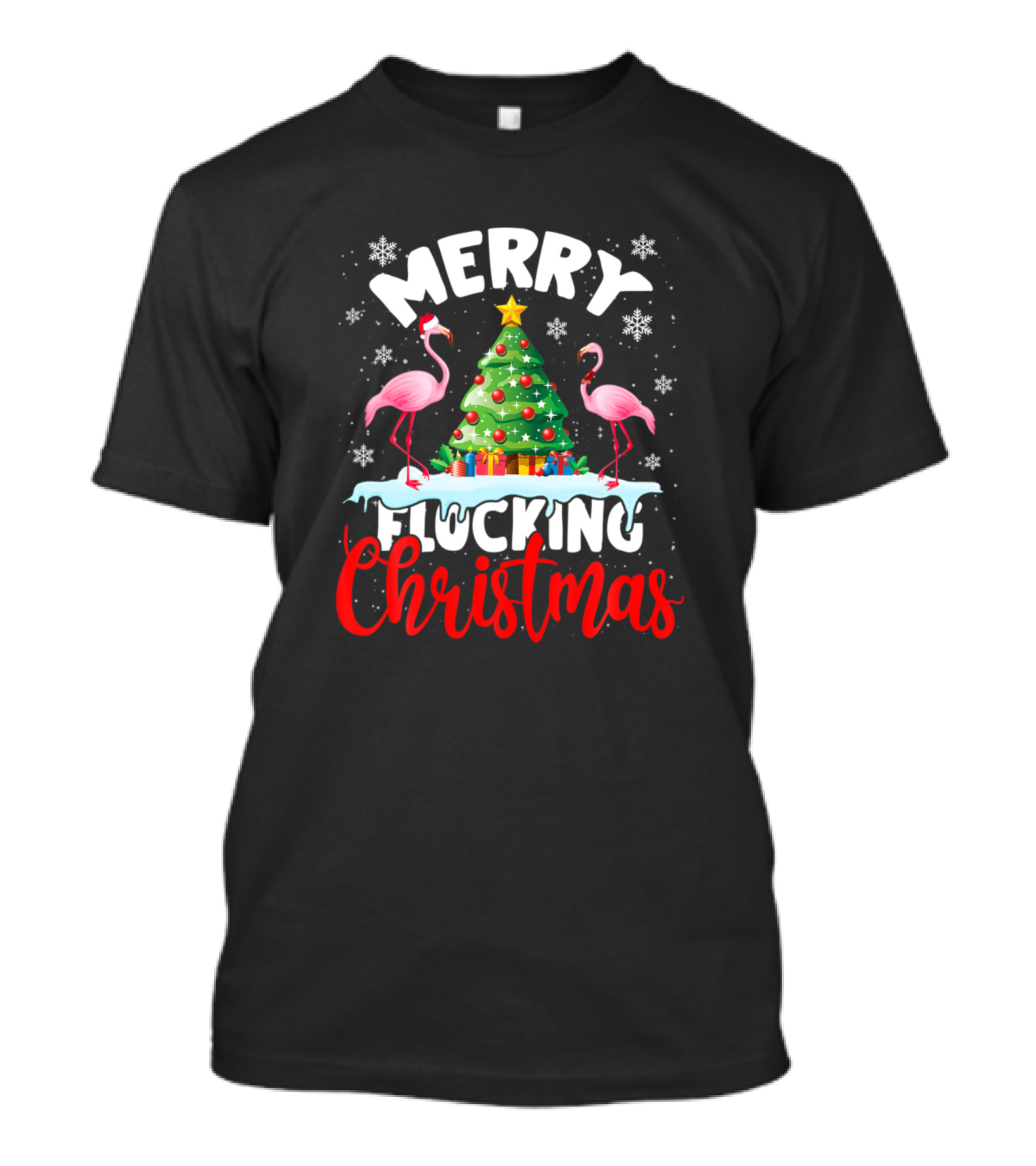 Merry Flocking Christmas Funny Santa Flamingo Tree T-Shirt