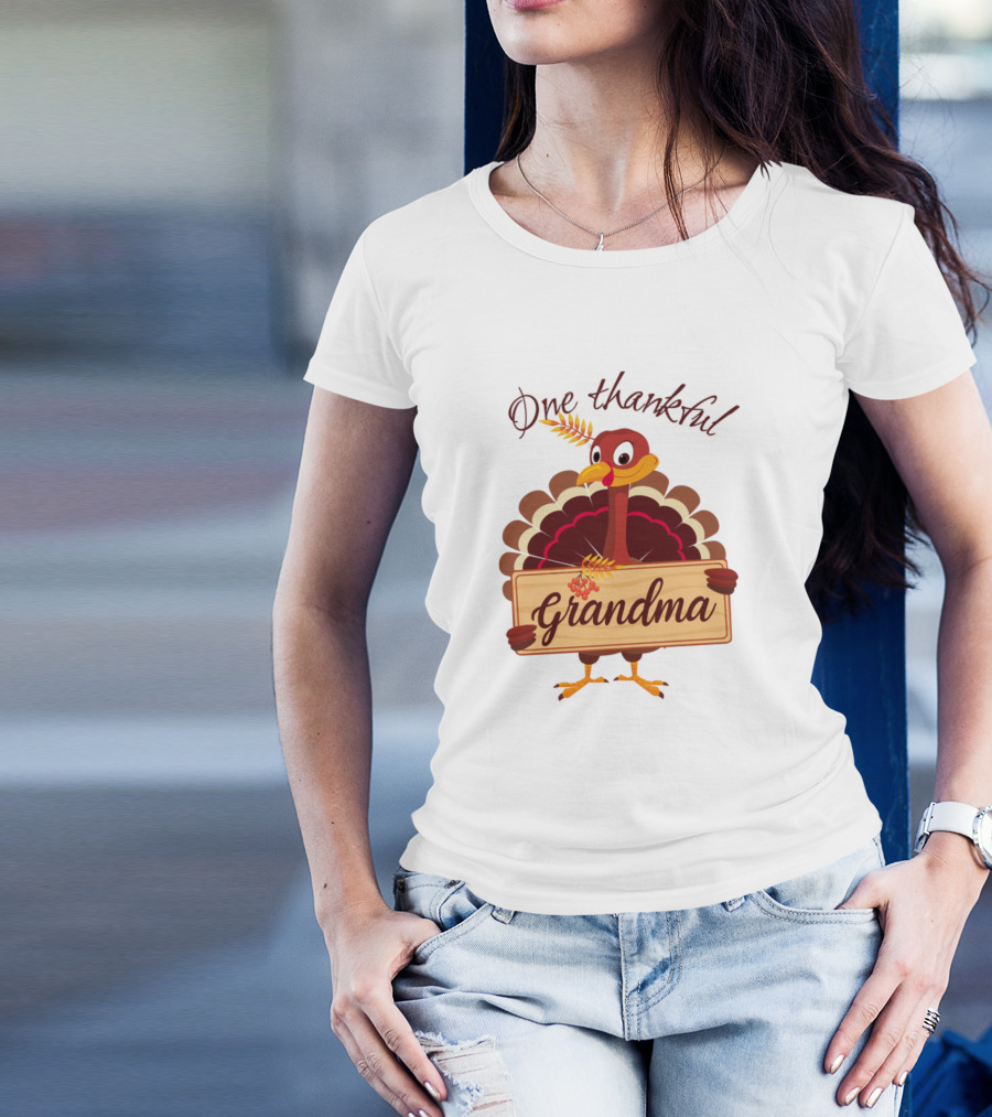 One Thankful Grandma Thanksgiving Turkey Holding Sign T-Shirt
