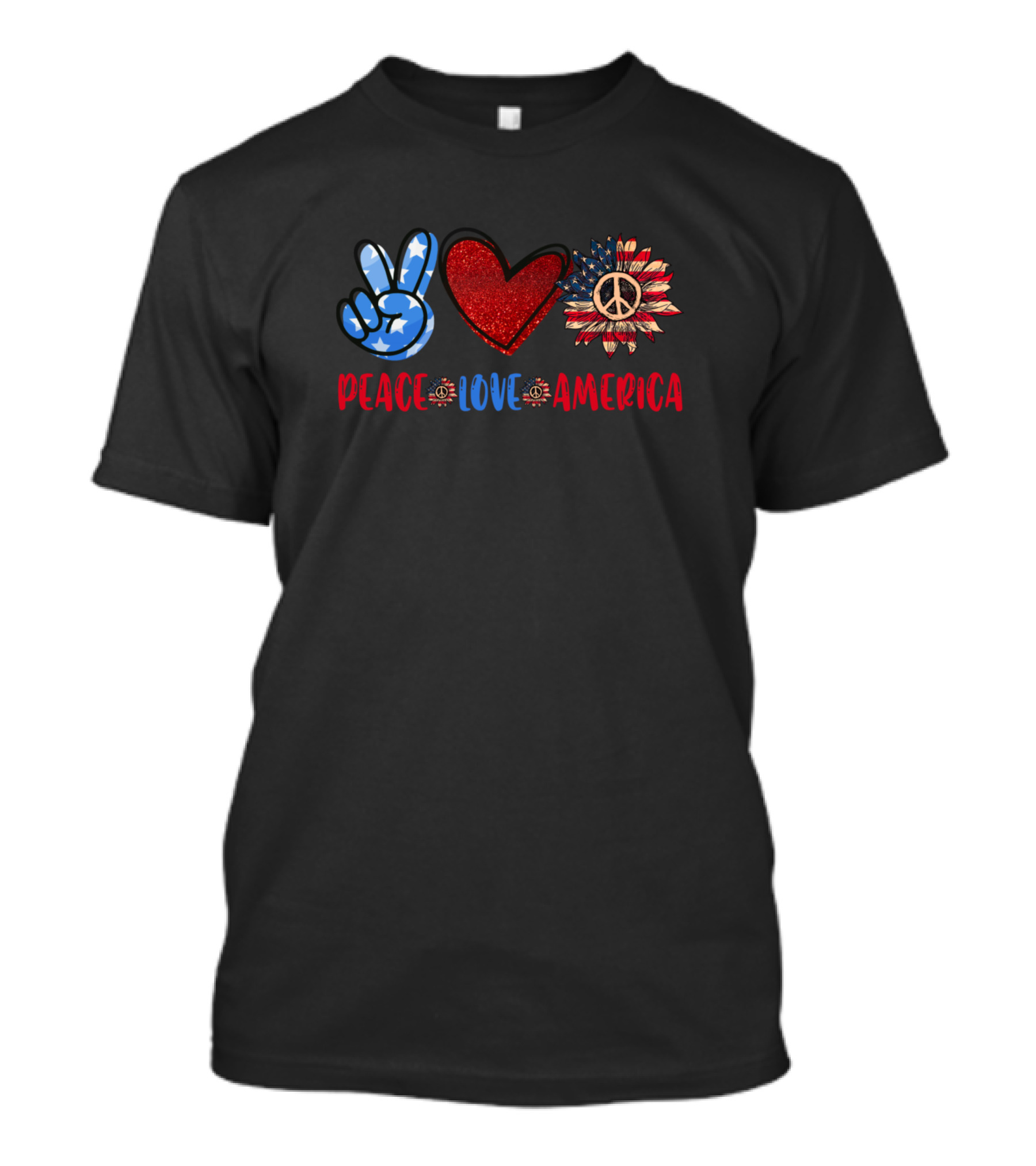 Peace Love America Peace Sign Red Heart American Flag Sunflower T-Shirt