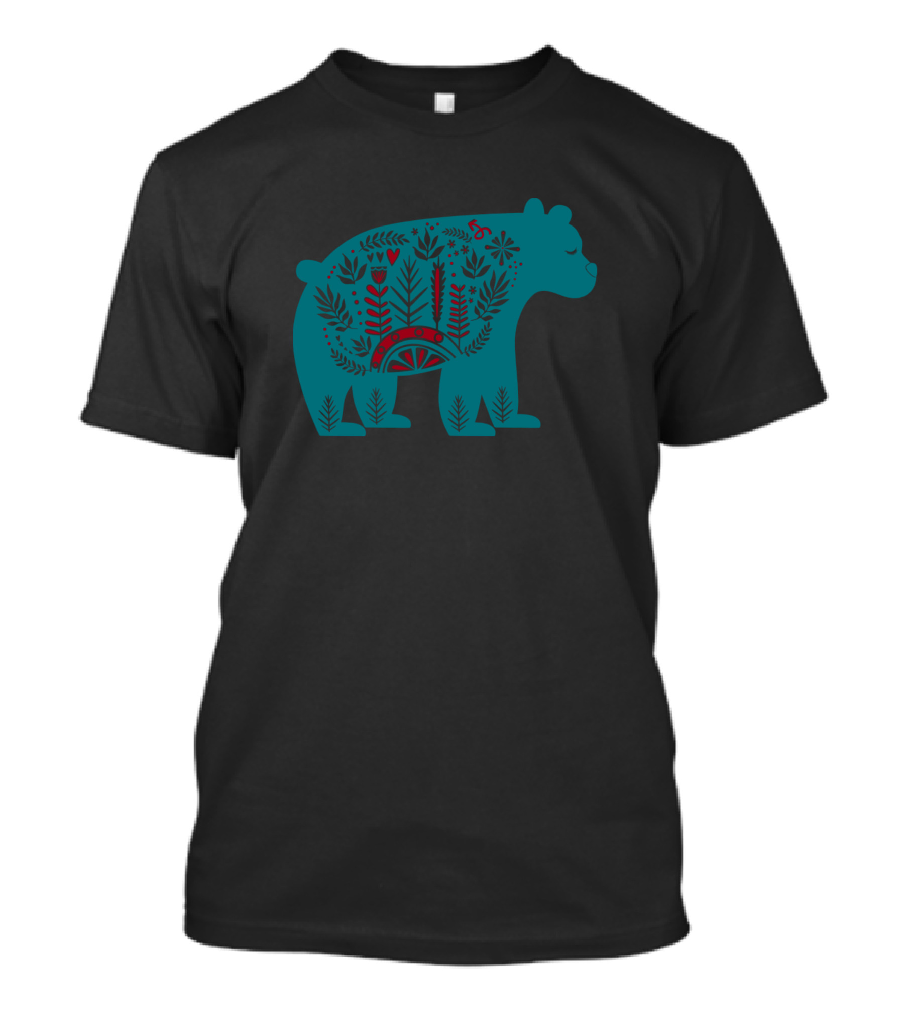 Scandinavian Bear Folk Art Floral Teal Red T-Shirt