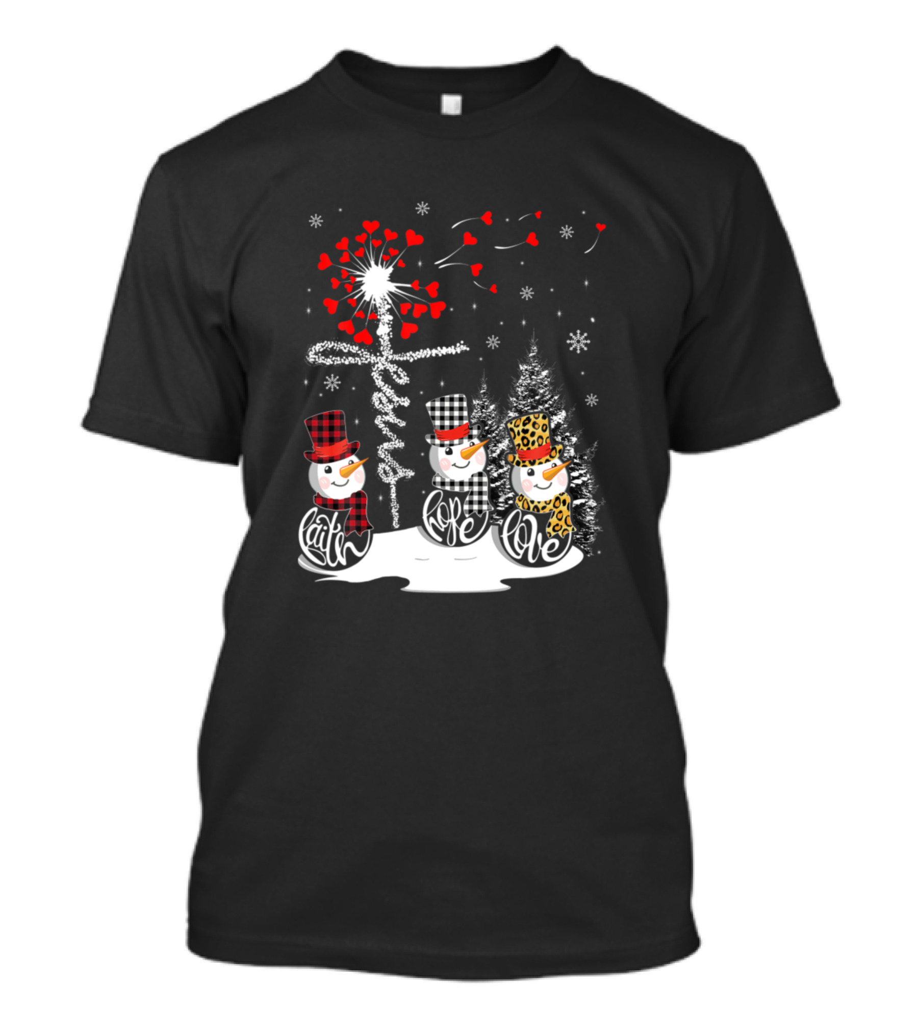 Faith Hope Love Snowman Jesus Xmas Tree Christian Hearts T-Shirt