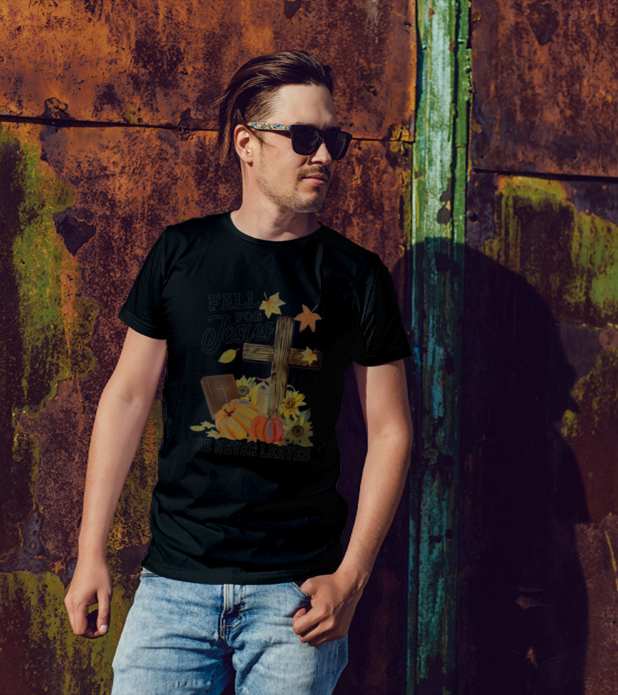 Fall For Jesus He Never Leaves Cross Pumpkins Sunflowers Leaves T-Shirt