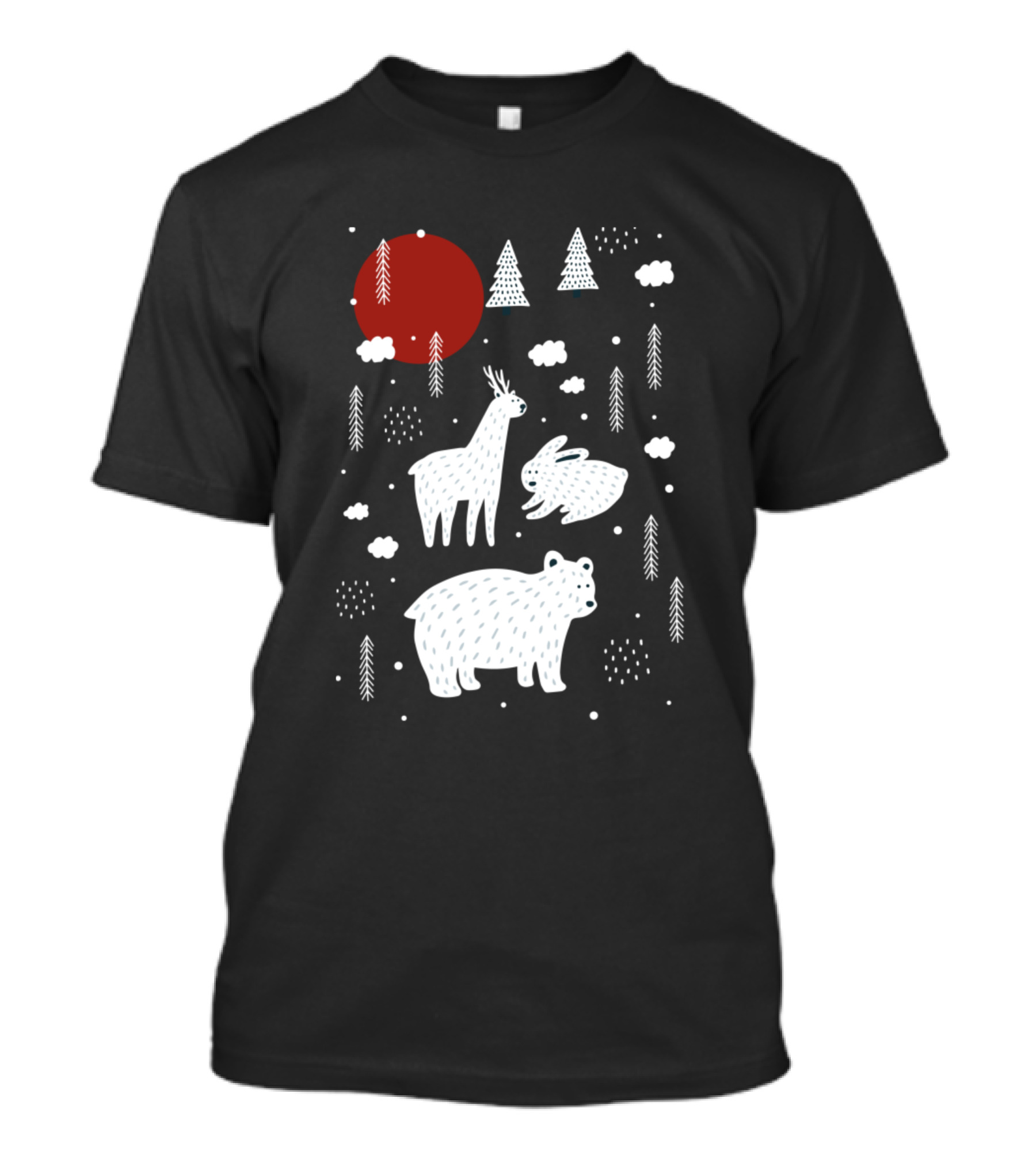 Forest Animals Deer Rabbit Bear Winter Scene With Red Moon And Trees T-Shirt
