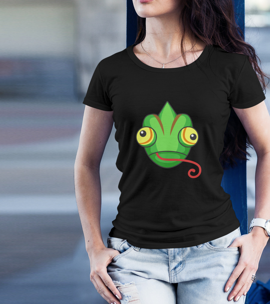 Green Chameleon Cartoon Face With Red Tongue T-Shirt