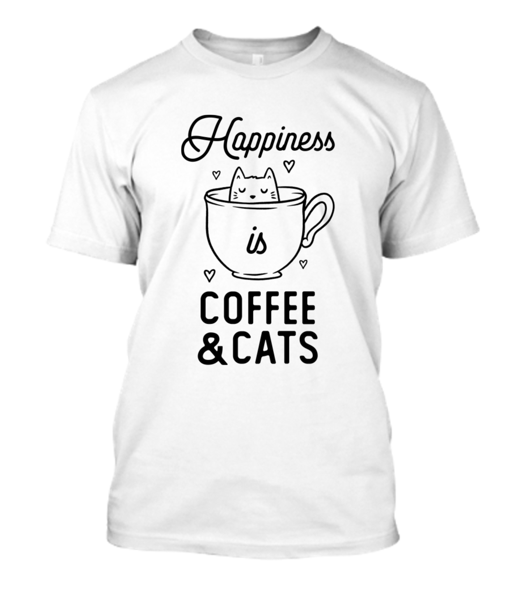 Happiness Is Coffee And Cats With Cute Cat In Cup And Hearts T-Shirt