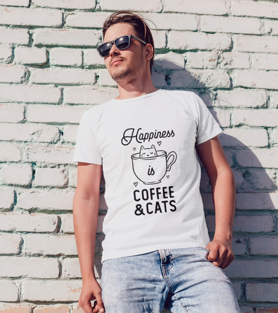 Happiness Is Coffee And Cats With Cute Cat In Cup And Hearts T-Shirt