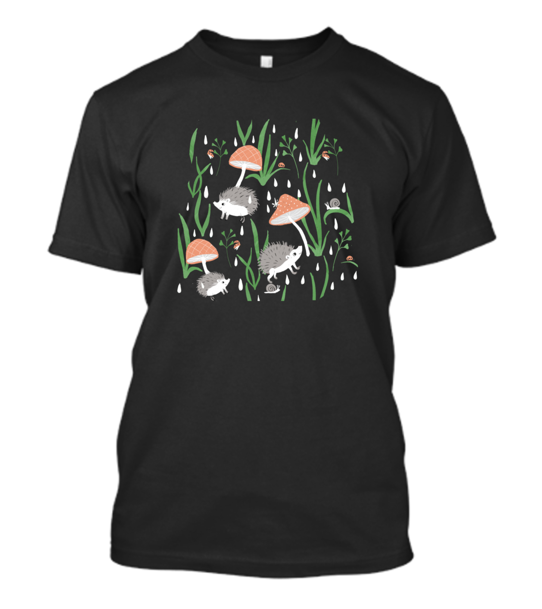 Hedgehog And Mushrooms In Dewy Grass With Snails T-Shirt