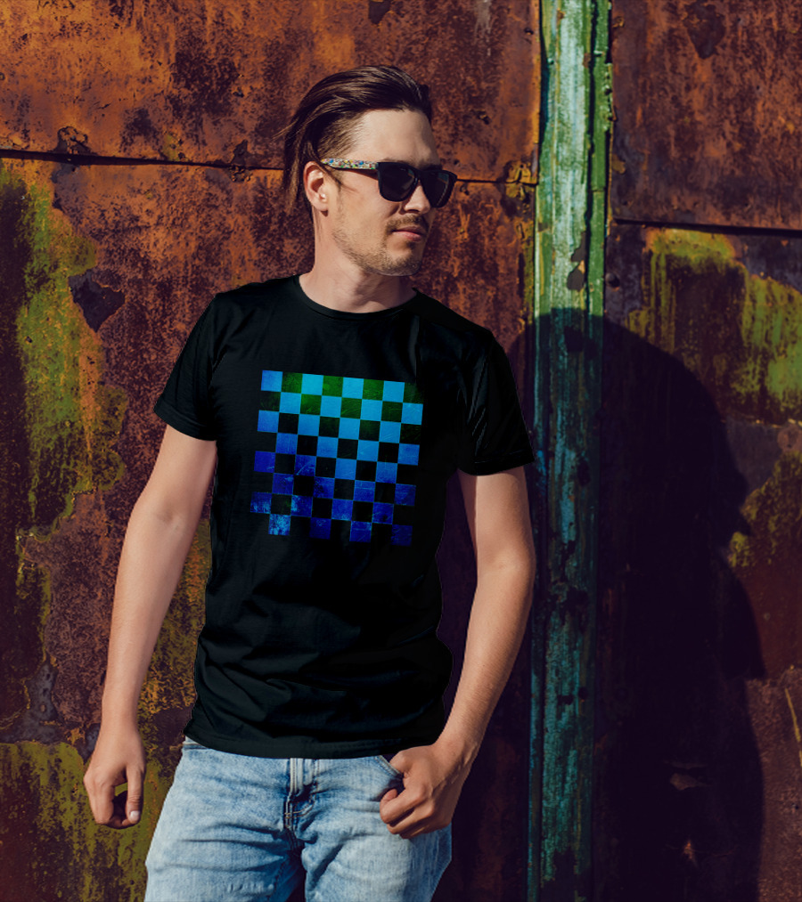 Ice Cold Chess Board Green Blue Checkered T-Shirt